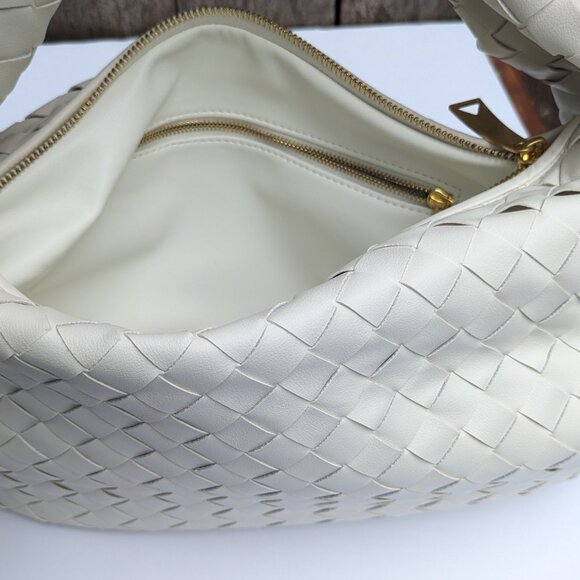 White Leather Shoulder Hand Bag – Chic Bottega Style, Woven Knot Handle NW - Picture 6 of 10